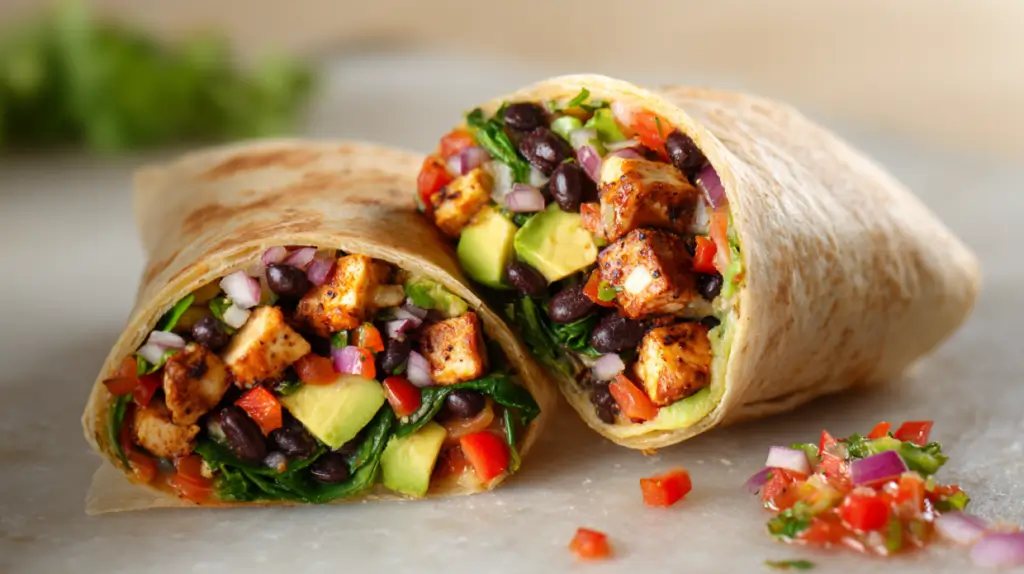 High-protein vegan breakfast wrap with tofu scramble, black beans, avocado, and fresh vegetables