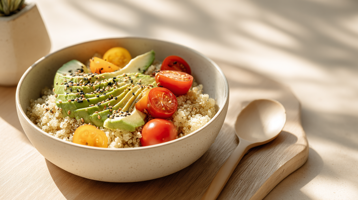 Quinoa Breakfast Bowl with Tomatoes and Avocado