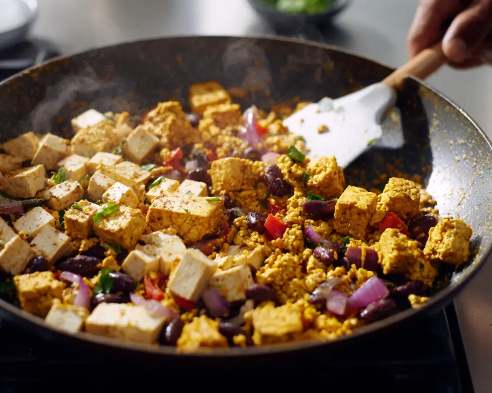 High-protein vegan breakfast wrap with tofu scramble, black beans, avocado, and fresh vegetables