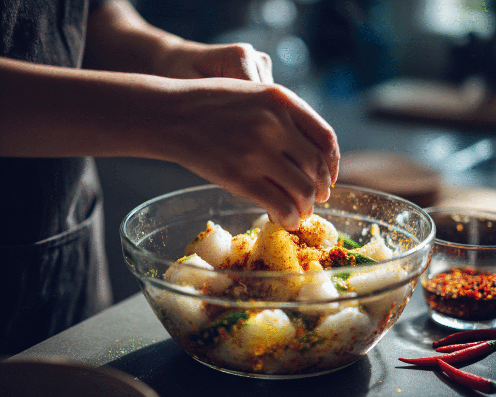 Thai curry white fish bites being marinated with coconut milk and spices before cooking