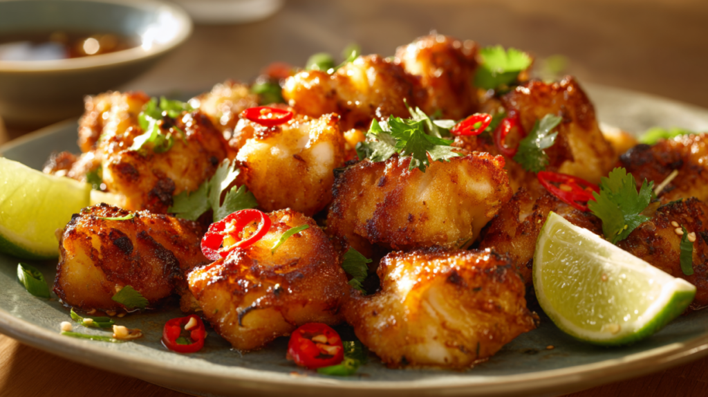 Golden Thai curry white fish bites with coconut milk, lime wedges, fresh herbs, and chili on a plate