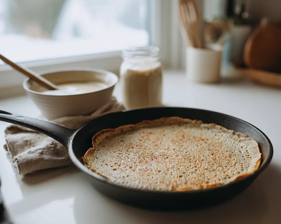 green buckwheat quinoa crepe cooking in a pan with savory filling