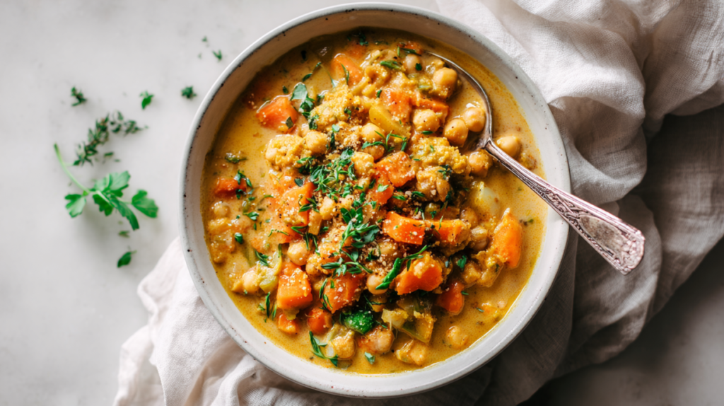 Vegetable curry with lentils, chickpeas and pumpkin