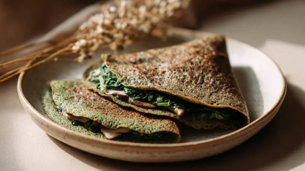 savory quinoa buckwheat pancakes with mushrooms and spinach
