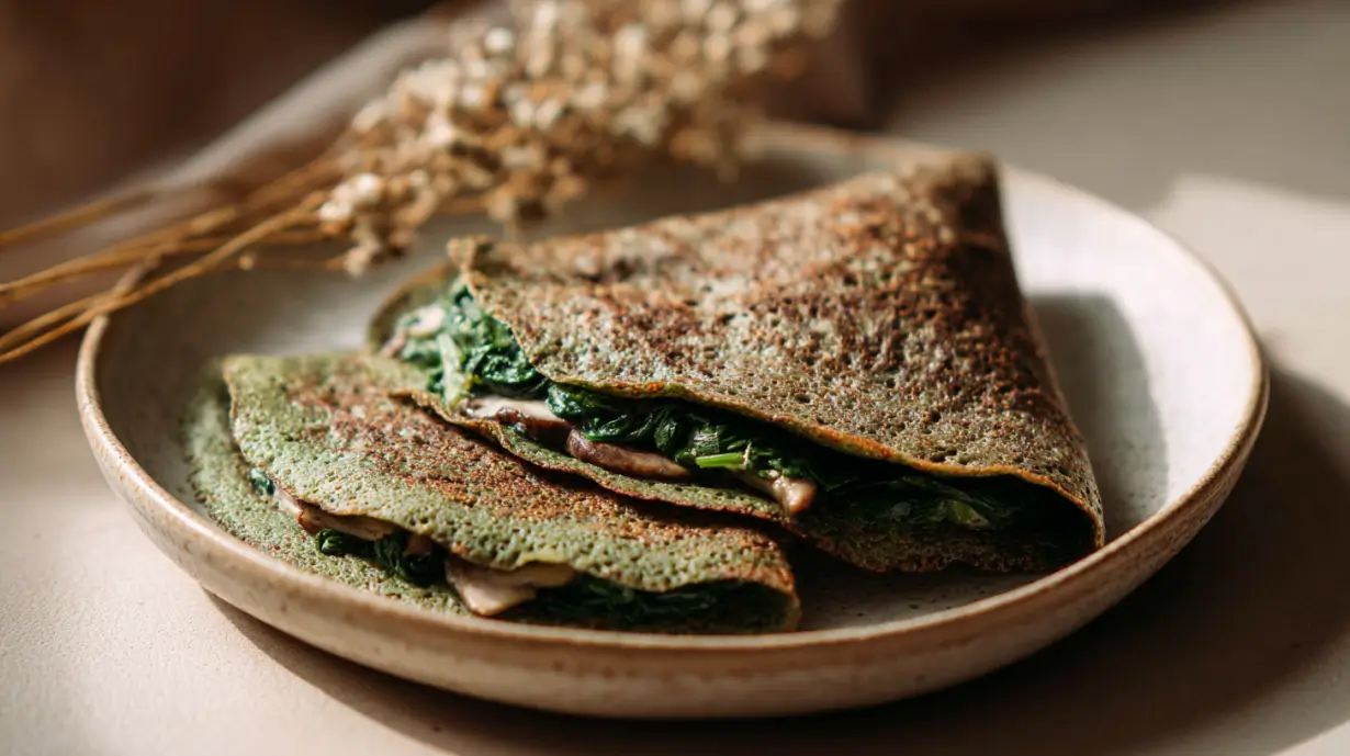 Savory Quinoa & Green Buckwheat Pancakes with Mushrooms and Spinach