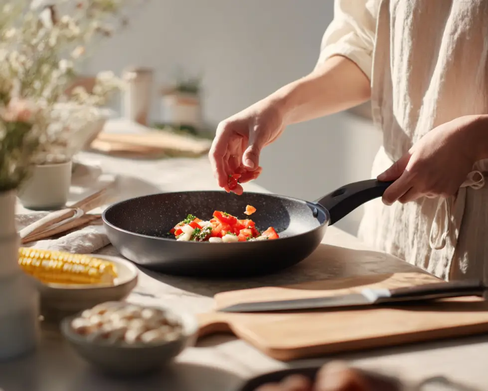 Cooking shrimp and vegetables in a skillet for shrimp and vegetable stew