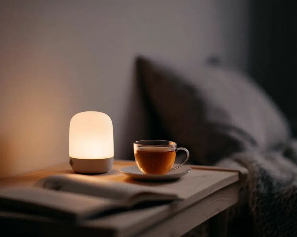 Evening routine with warm light supporting sleep before midnight