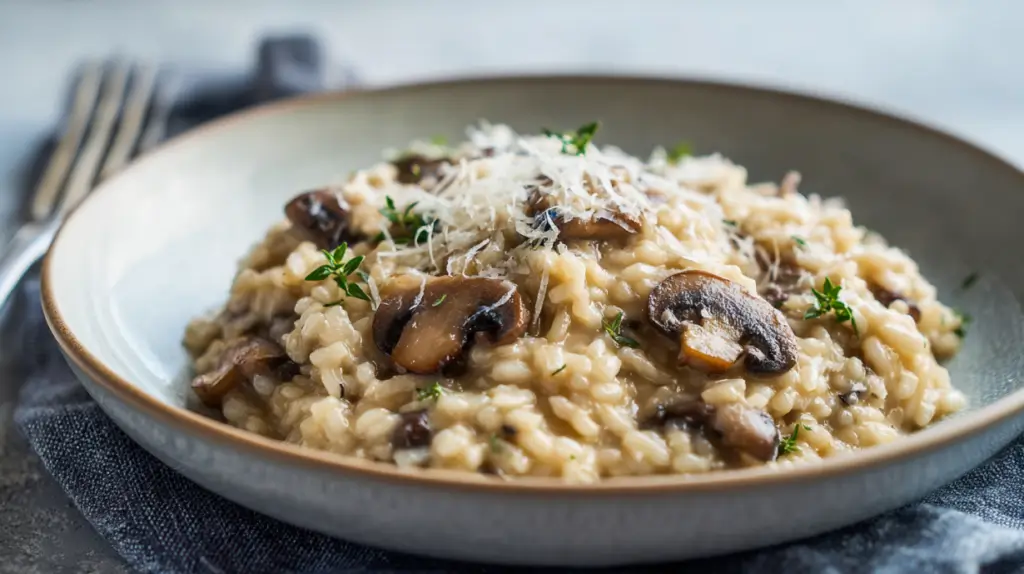 A creamy mushroom risotto in a ceramic bowl, topped with Parmesan and herbs, served on a neutral background in natural daylight.