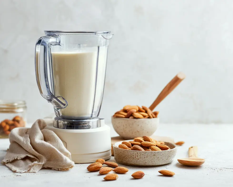 Almond ricotta being blended in a food processor with whole almonds