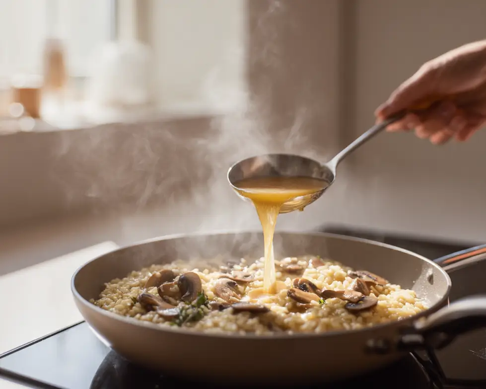 Cooking mushroom risotto in a pan with broth being added — creamy texture in progress.