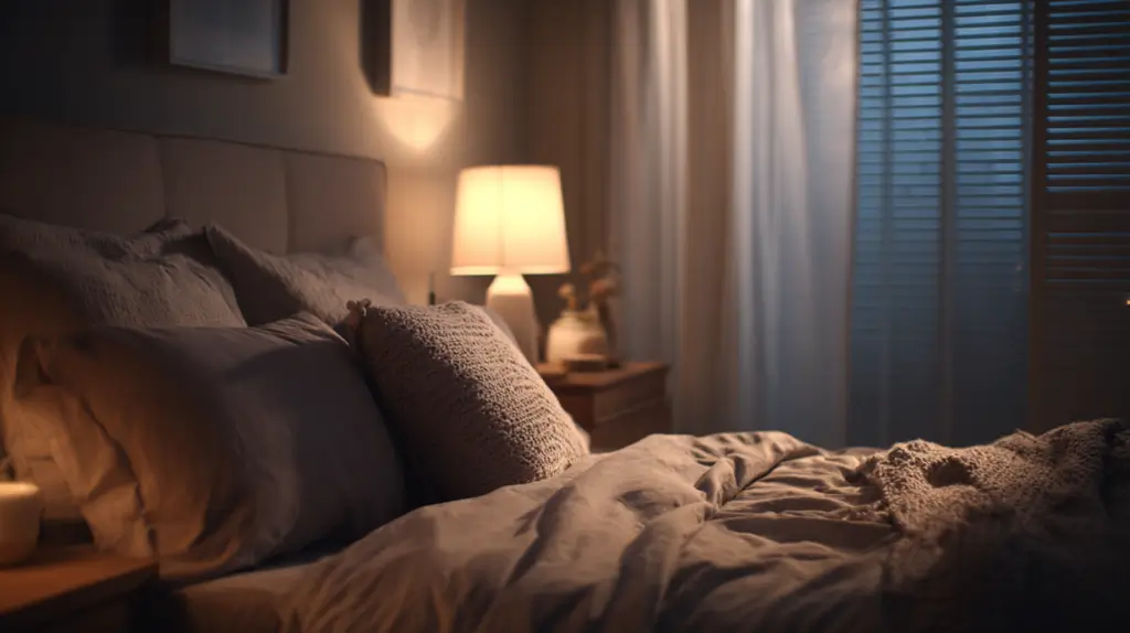 Calm evening bedroom with warm lighting representing sleep before midnight and a mindful evening routine