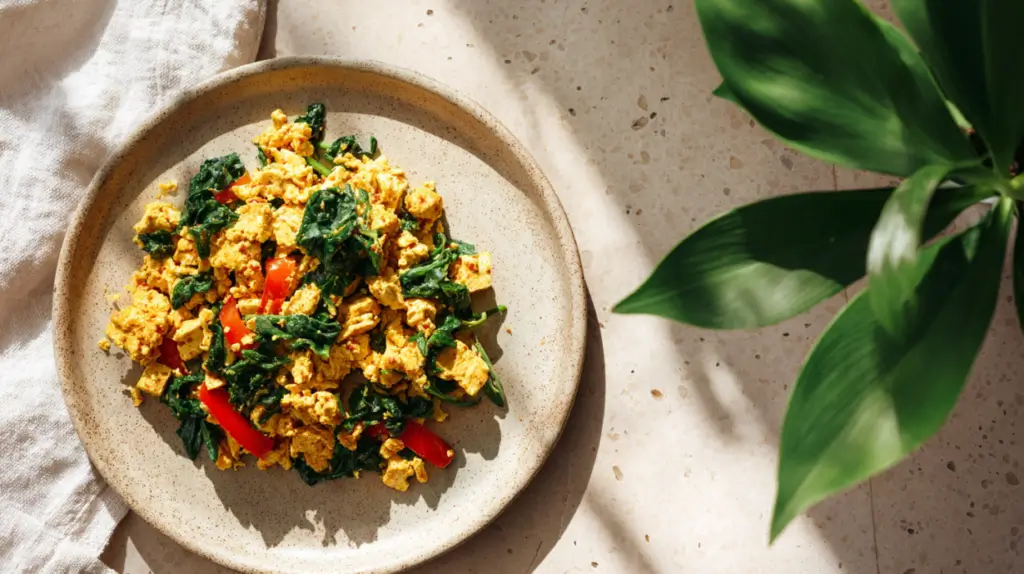 tofu scramble with vegetables served on a plate, plant-based breakfast