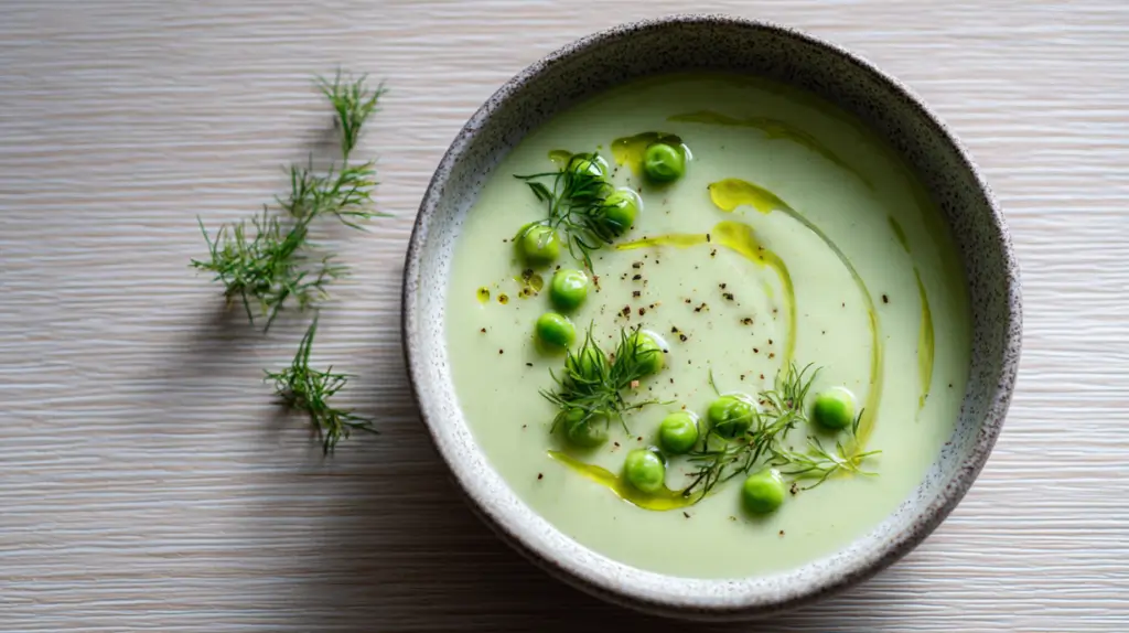 Creamy fennel soup with green peas, plant-based vegetable soup