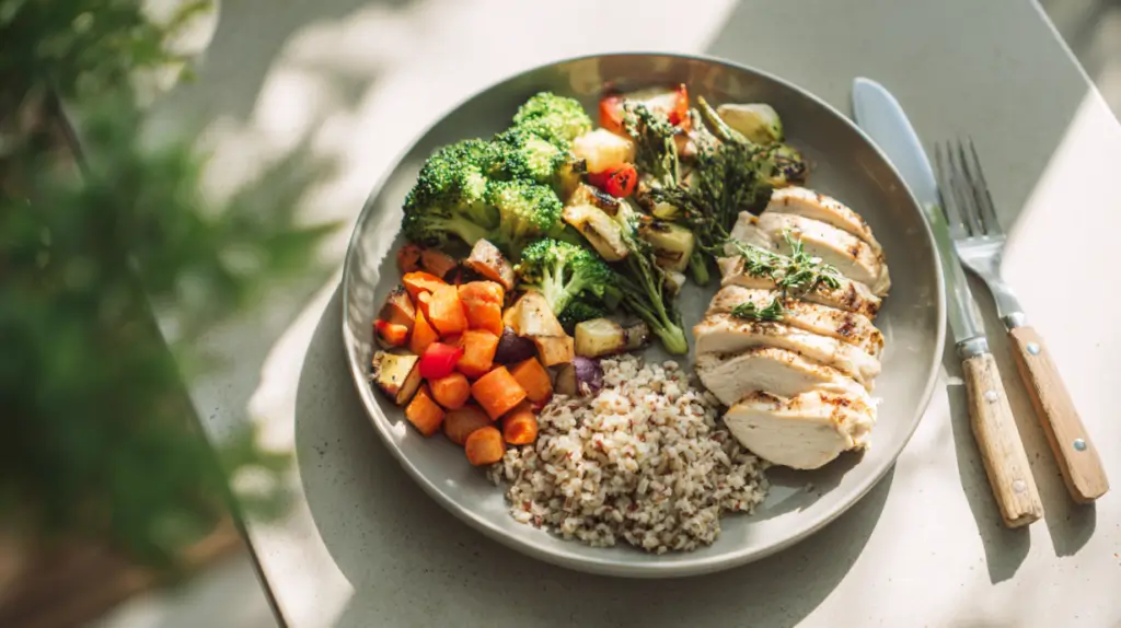 balanced plate method example with vegetables protein and whole grains