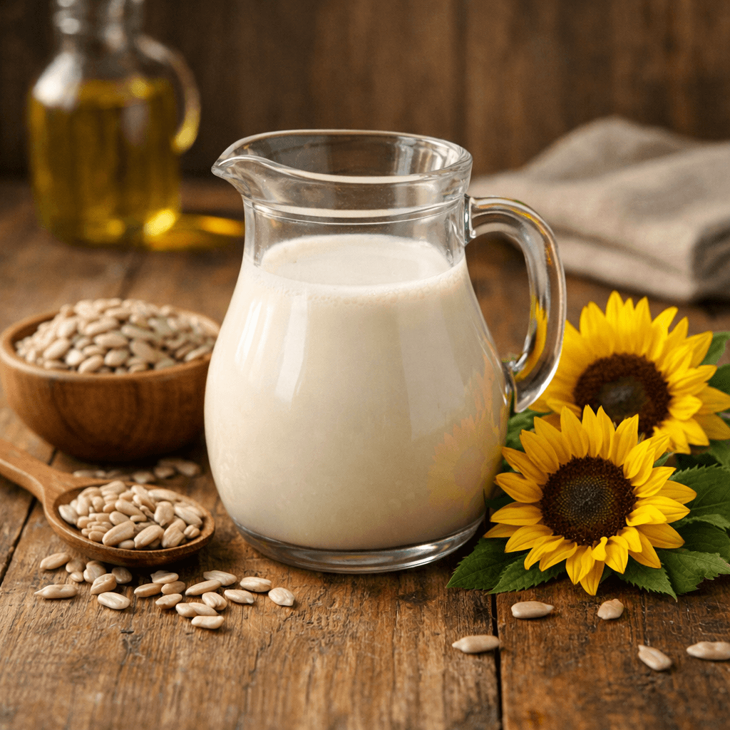 Homemade sunflower milk in a glass pitcher with sunflower seeds for vegan panna cotta recipe