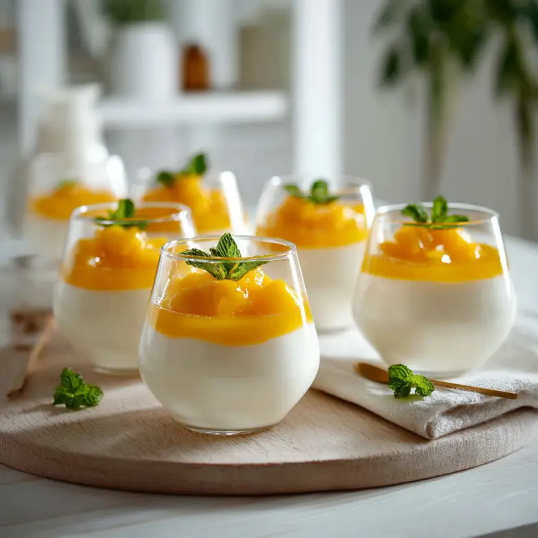 Vegan panna cotta with mango puree in glass cups