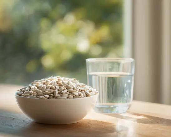 Sunflower seeds in a bowl with water glass for homemade sunflower milk used in vegan panna cotta recipe