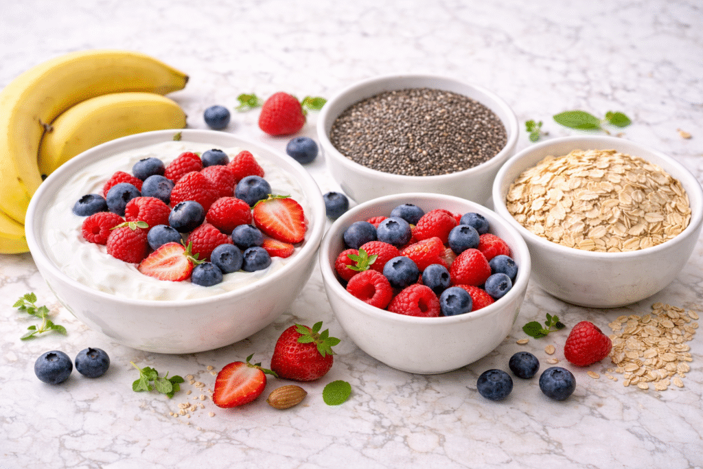 high fiber foods including oats chia seeds berries banana and whole grains