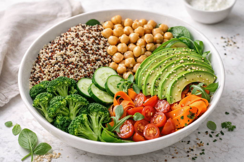 fiber rich bowl with quinoa chickpeas avocado broccoli and vegetables