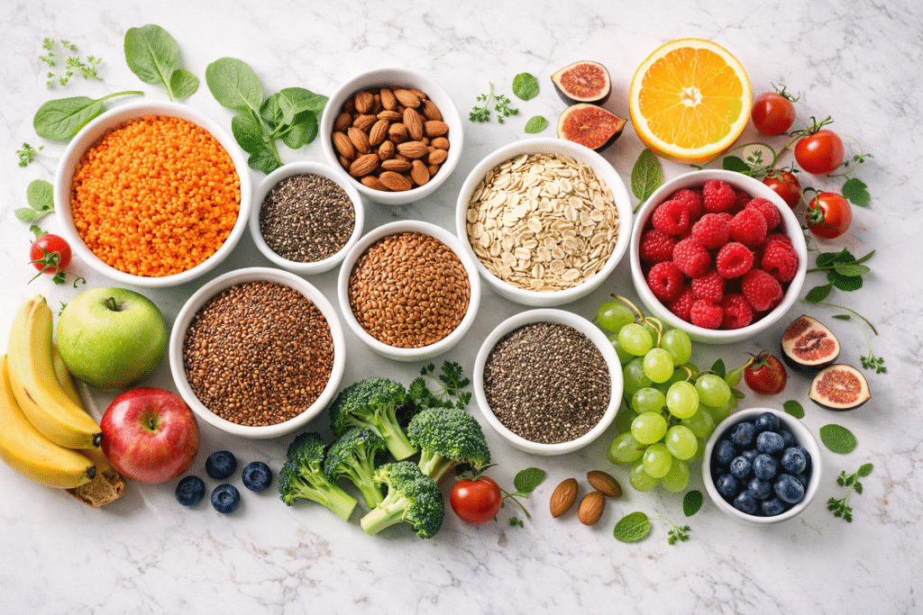 High fiber foods for fibermaxxing including lentils, chia seeds, oats, berries and broccoli