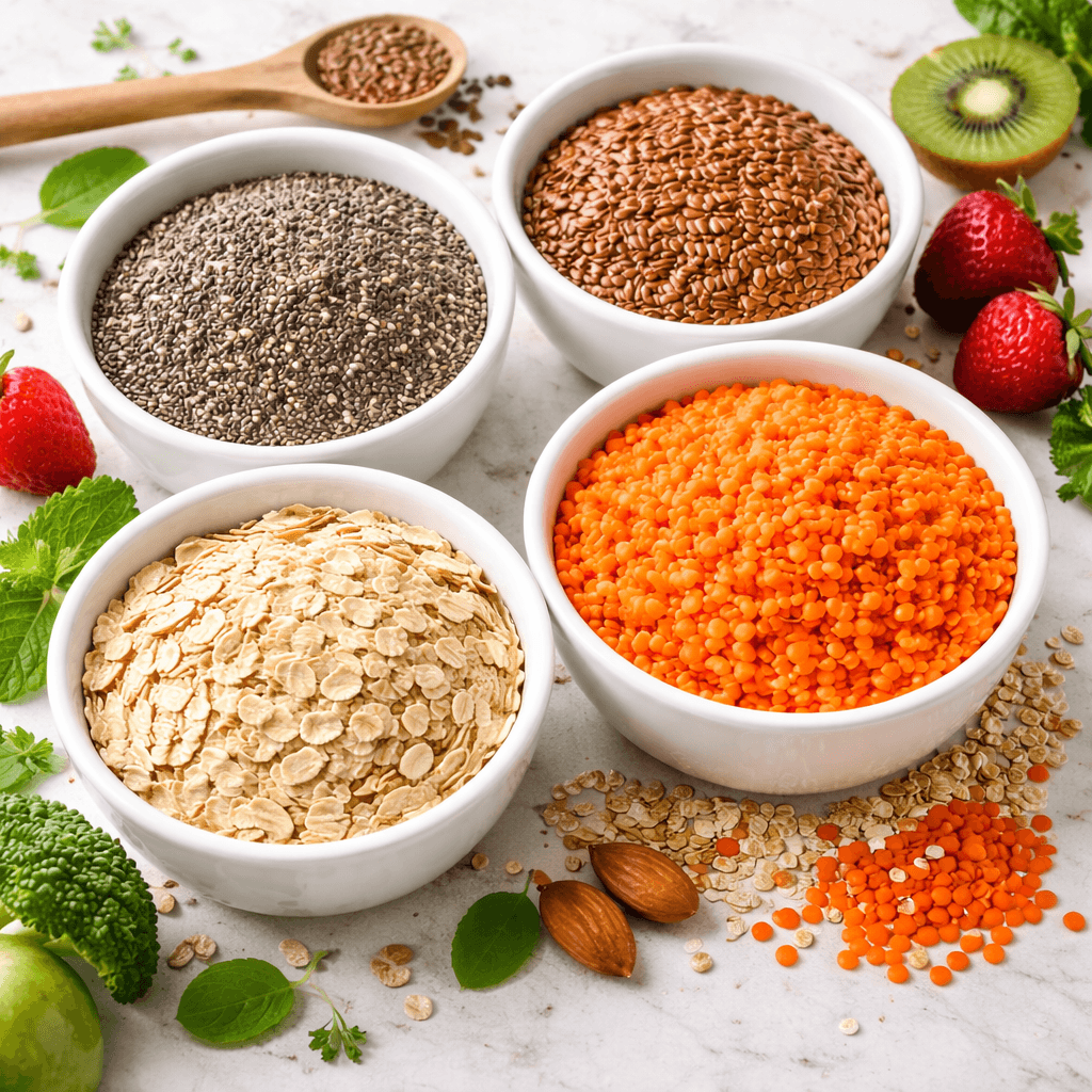 fiber rich foods including chia seeds flax seeds berries and whole grains for fibermaxxing