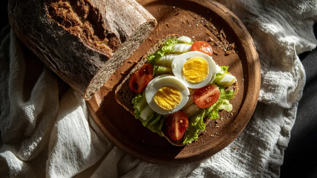 European sourdough bread with eggs and avocado for better energy after 40