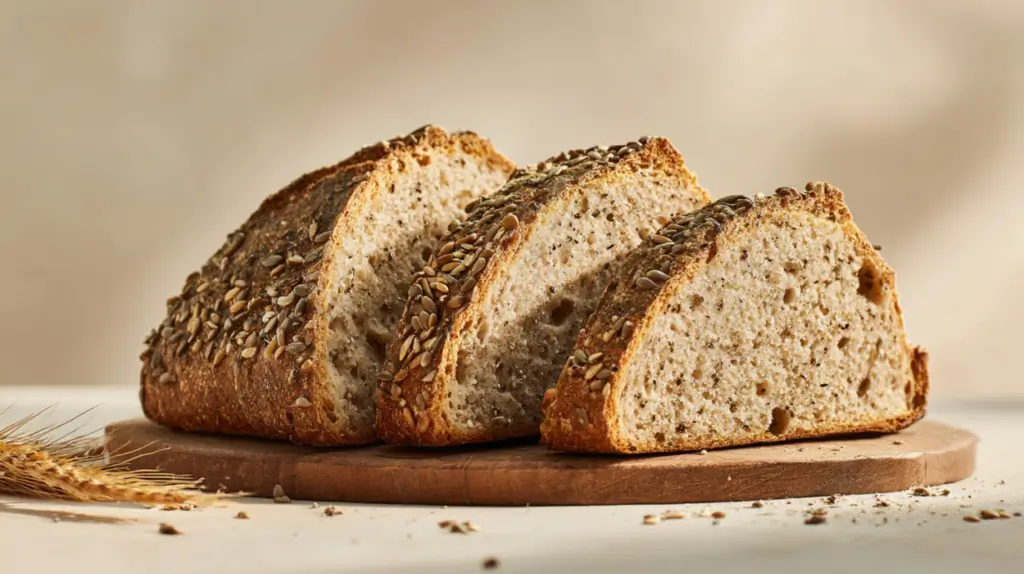 Seeded whole grain sourdough bread slices for better fiber and satiety after 40