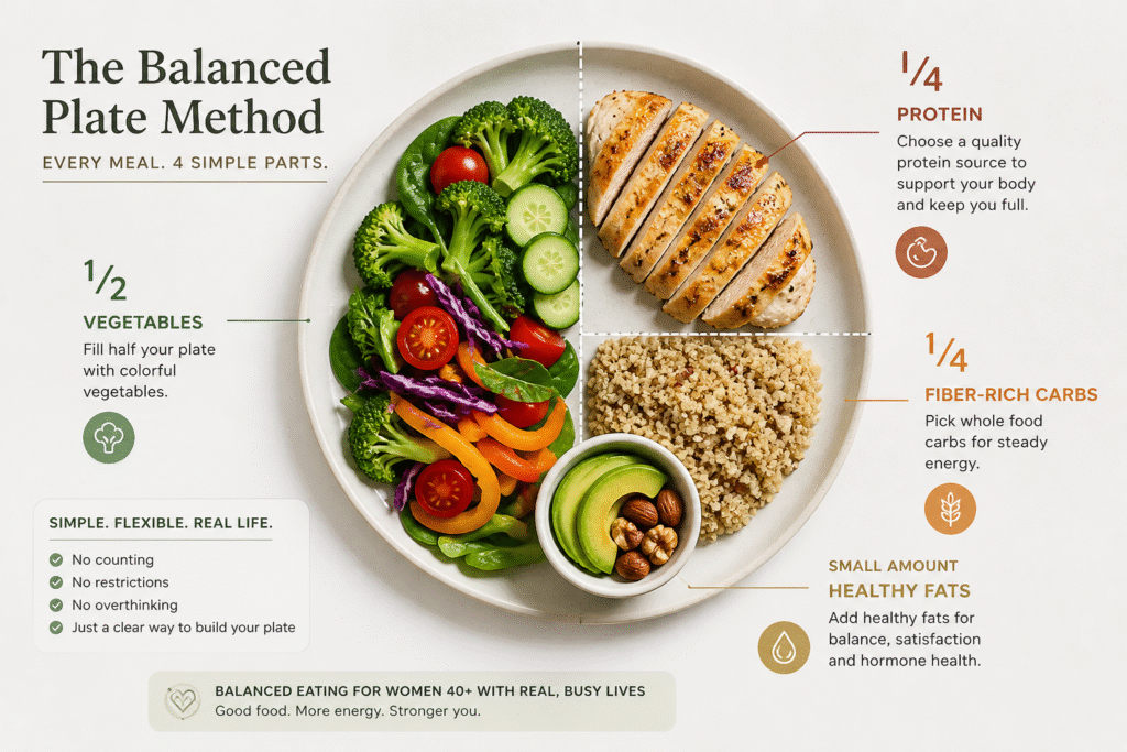 Balanced eating for women 40+ — fresh fruit and produce board