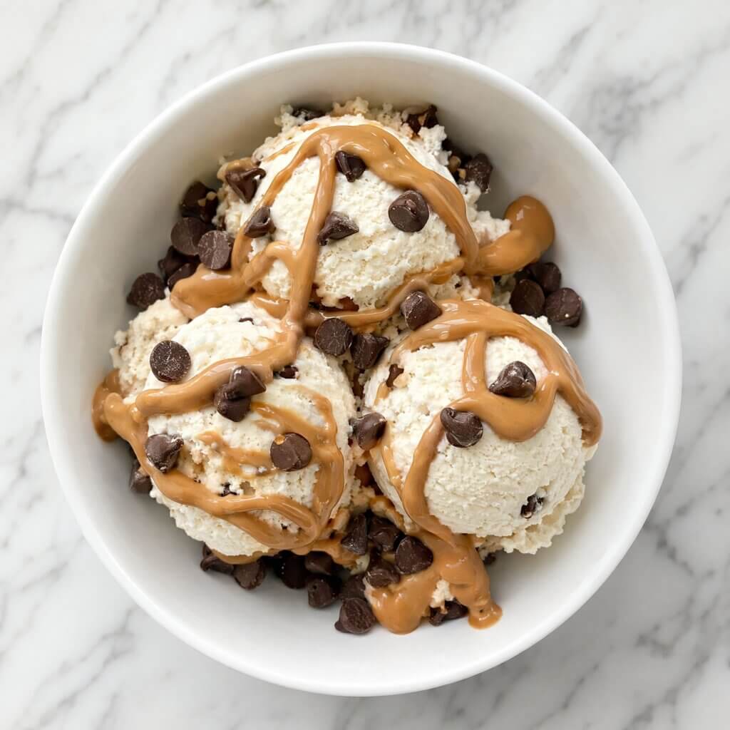 Cottage cheese ice cream scoops with peanut butter drizzle and dark chocolate chips in a white bowl